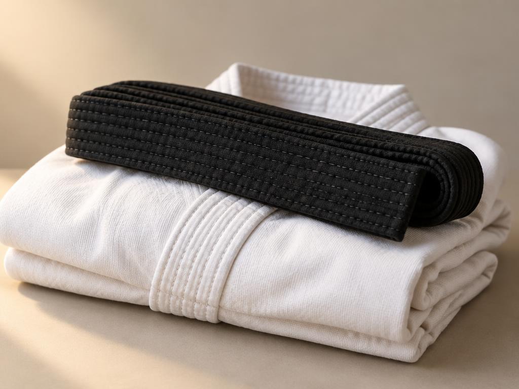 Folded black belt on a white gi