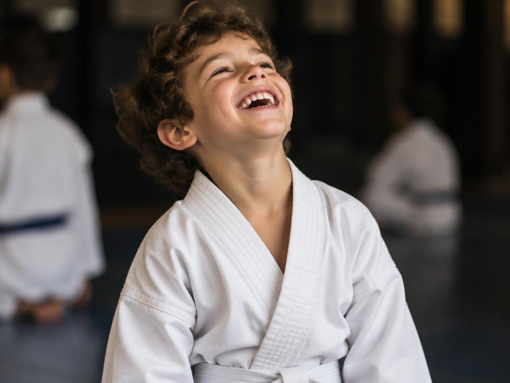 Young boy in a white karate gi laughing with joy during class