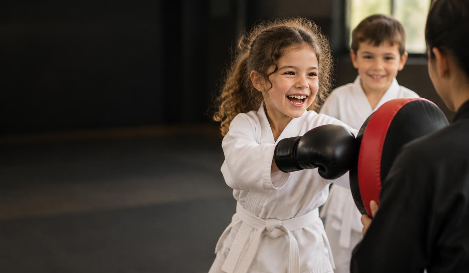 Laughing young girl in a white karate gi punching a training pad held by an instructor