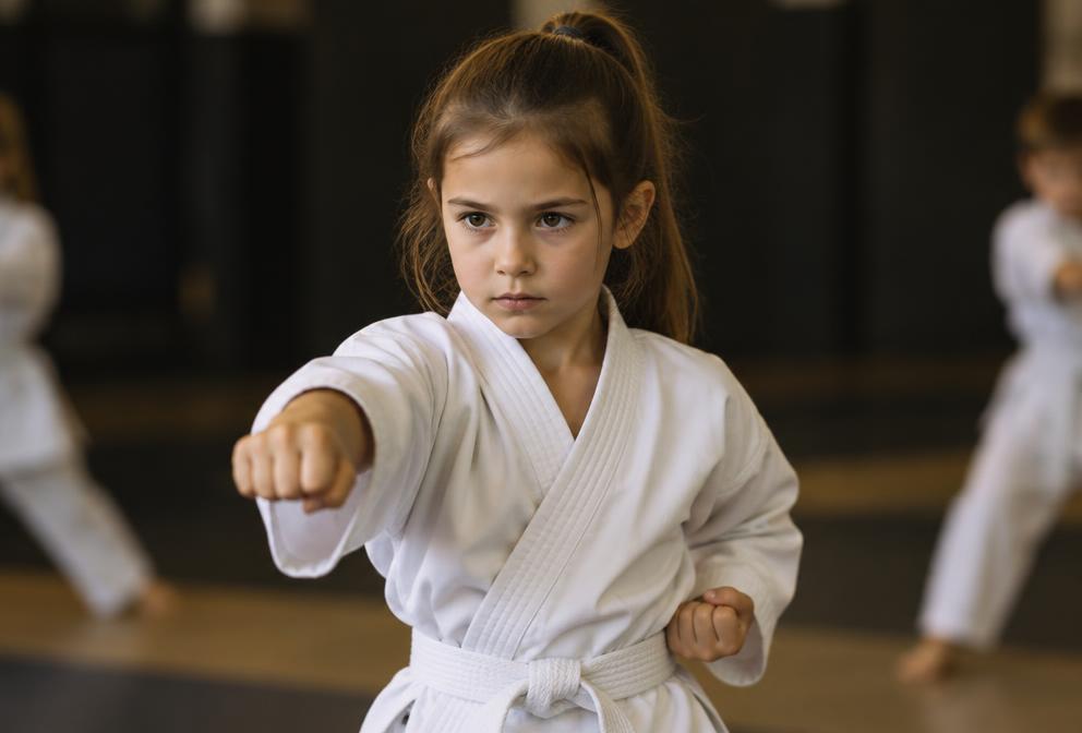 Girl in a white gi practicing a punch