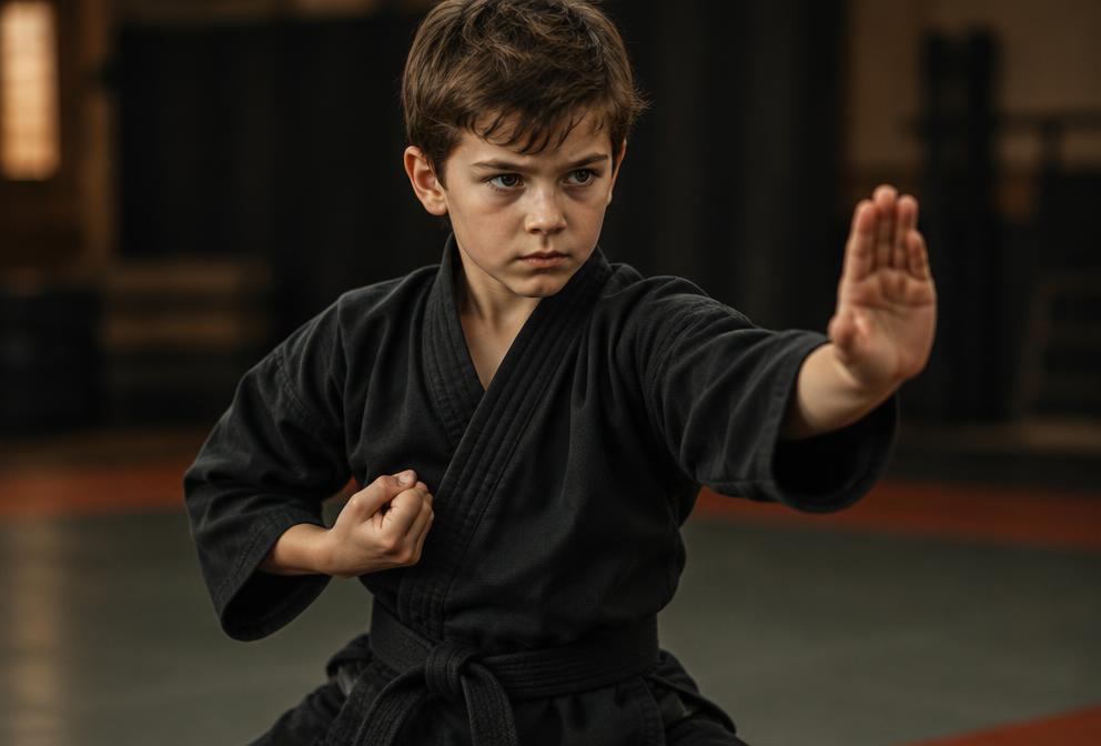 Boy in a black gi in a low fighting stance