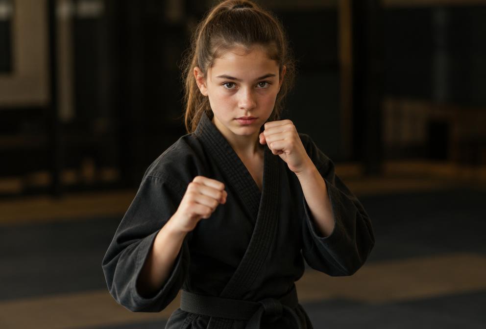 Teen in a black gi with her guard up